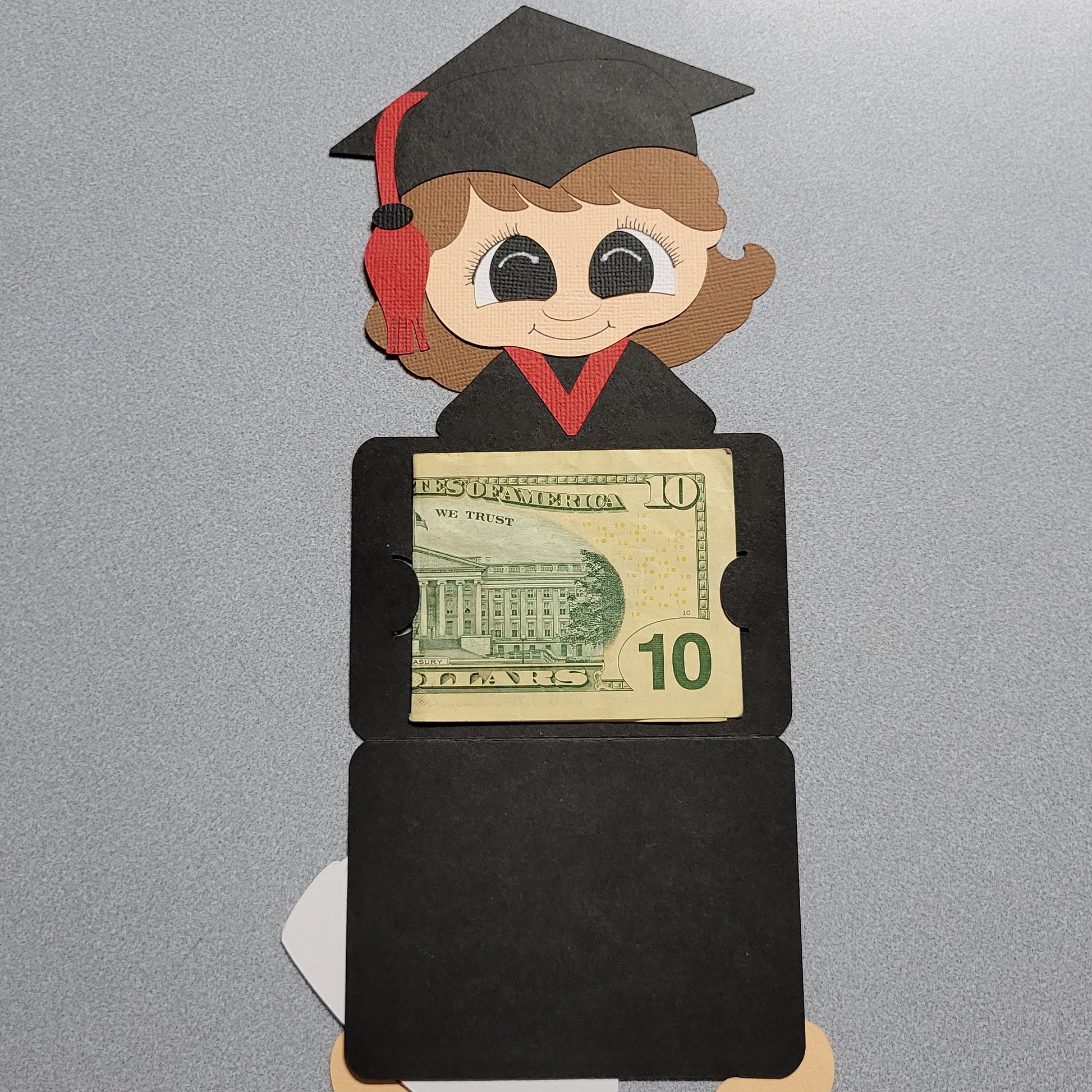 Red Brunette Girl Graduate Money/Gift Card Holder with Money.